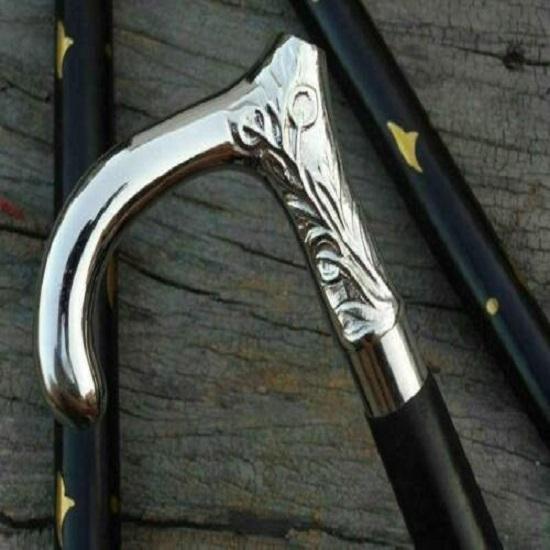 Solid Silver Brass Handle Antique Victorian Cane Wooden Walking Stick Women and Men Style Adult Unisex Design