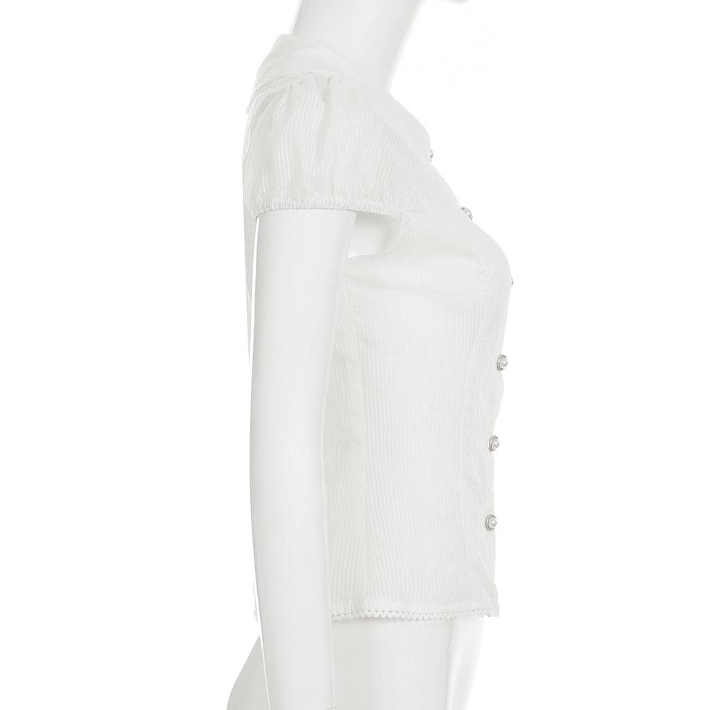 Doll Face Academy Short Sleeve Sheer Top with Pearl Buttons and Slim Fit