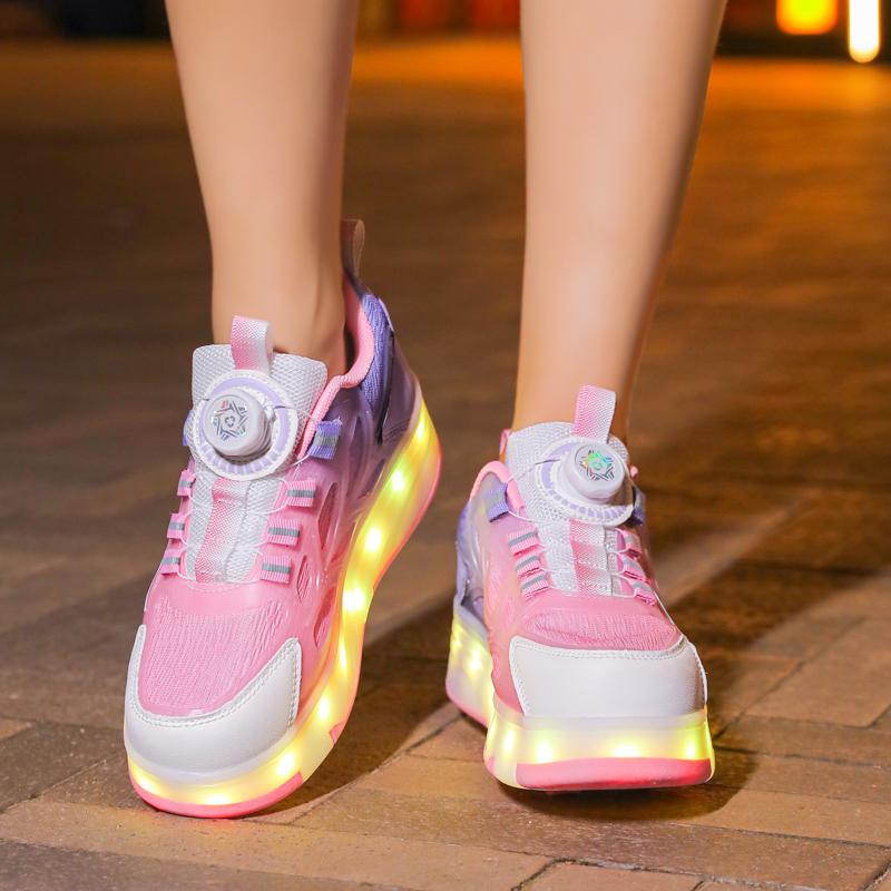 29-40 Lśniące Trampki Dziecięce Buty z Oświetleniem LED Dzieci Chłopcy Dziewczynki Ładowanie USB Świecące Kółka Buty do Parkouru Rolki