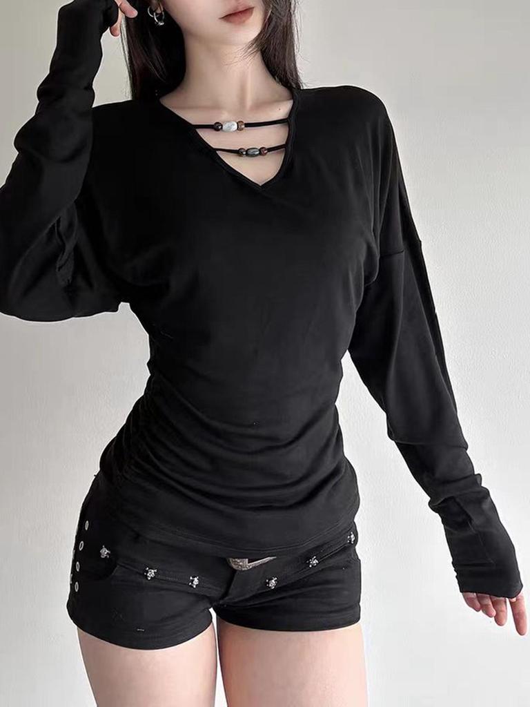 KaiKuo Y2K Style Slim V-Neck T-shirt - Women's Autumn/Winter 2025 Collection