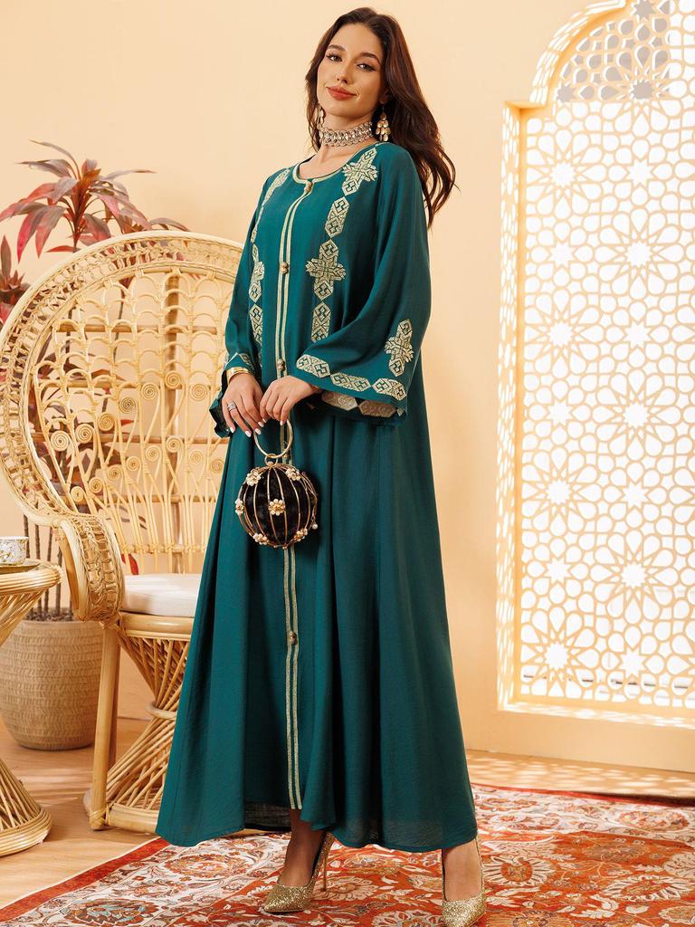 Middle Eastern Floral Embroidered Muslim Jalabiya Robe, Dubai Dress