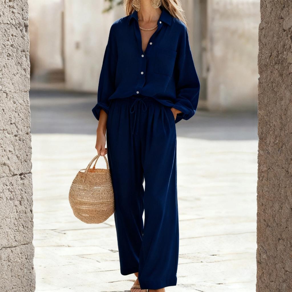 Fashion Women's Color Set, Women's Imitation Cotton And Linen Loose Long Sleeved Top Set, Women's