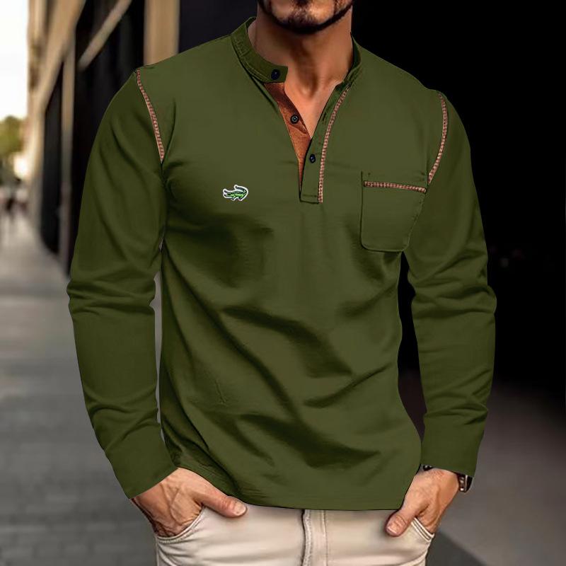 2024 Spring/Summer Men's Standing Neck Long Sleeved Polo Shirt Men's Embroidered Polo Dress