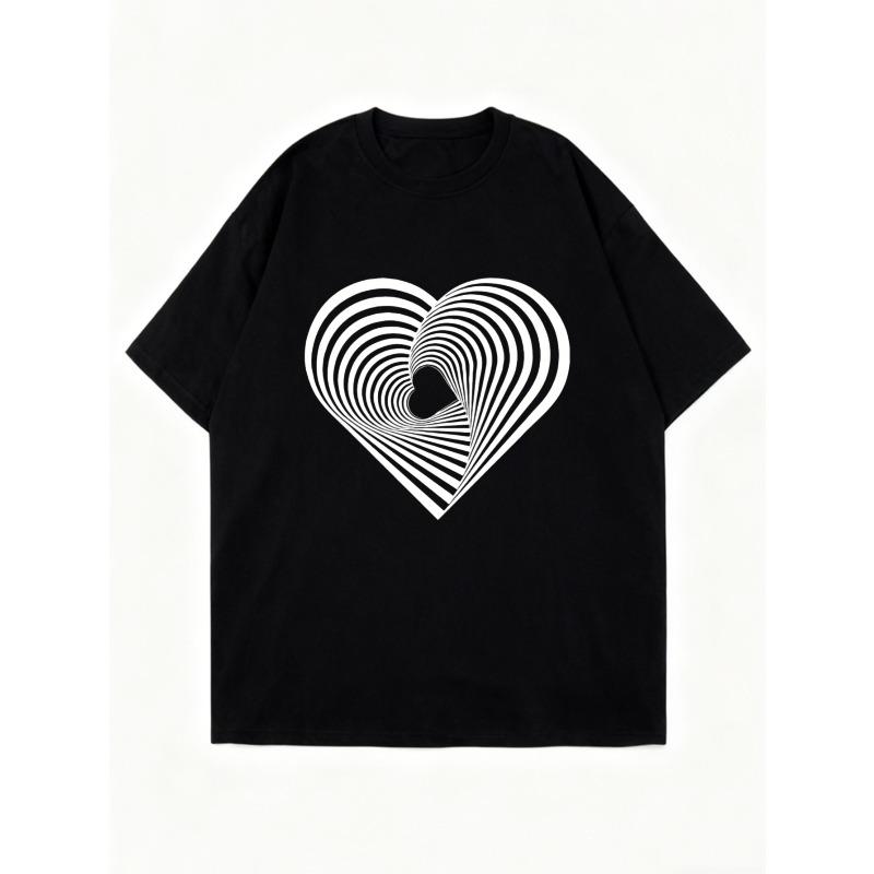 Nadměrné tričko s potiskem optické iluze černého srdce, ležérní oblečení pro ženy, letní módní výrazný top, streetwearový trendy outfit