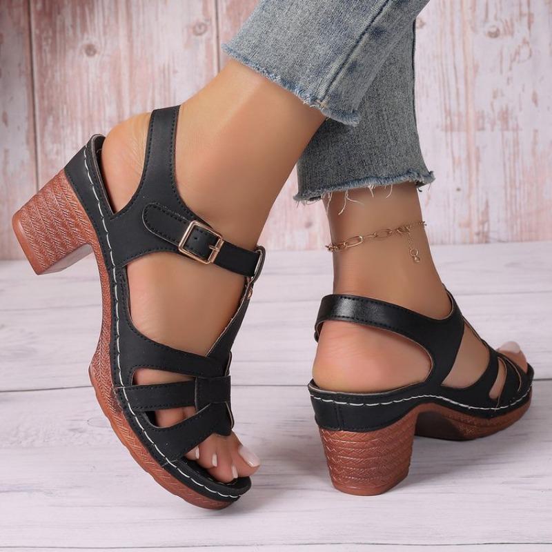 New Round Toe Shoes One-piece Buckle Large-sized Thick High-heeled Sandals