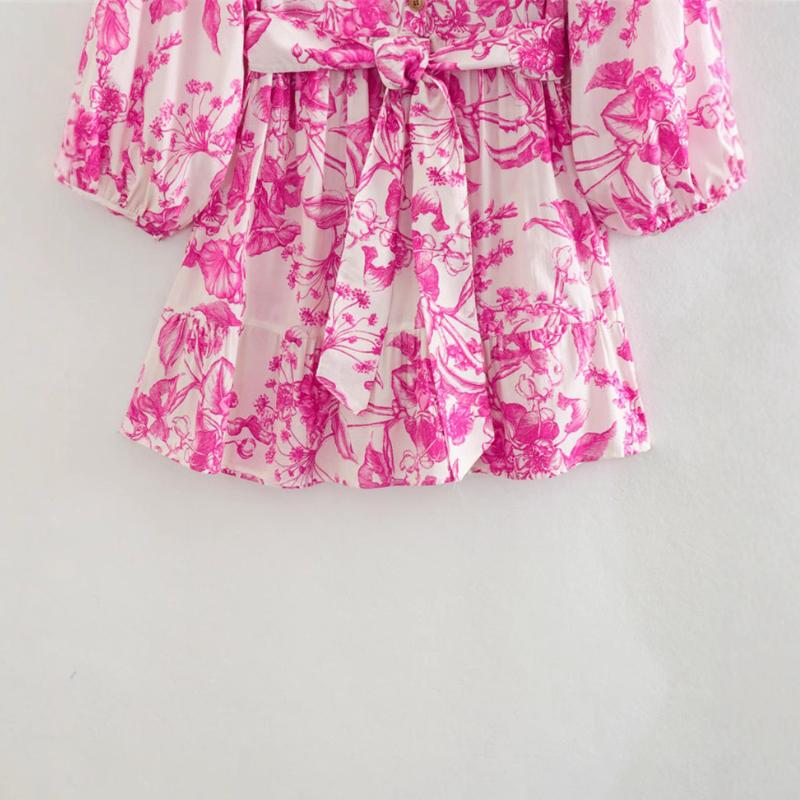 Fashion Pink Print Women'S Dress Elegant Three Quarter Sleeve Lace-Up Dresses Casual New Pleated Mini Dresses Streetwear