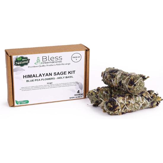 Bless-International Himálajská-Šalvěj-Svatá-Bazalka-Květy-Modrého-Hrášku-Kadidlo Prémiové-100%-Přírodní-a-Organické Ručně-Vyráběné-4-Palce-Dlouhé