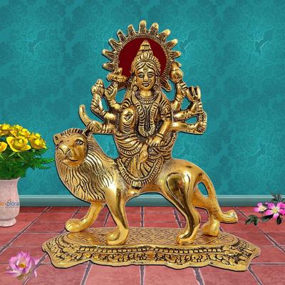 Metal Durga Maa Idol Showpiece Figurine, Sherawali Ambe Maa Murti, Height 20 Cm, Gold Antique
