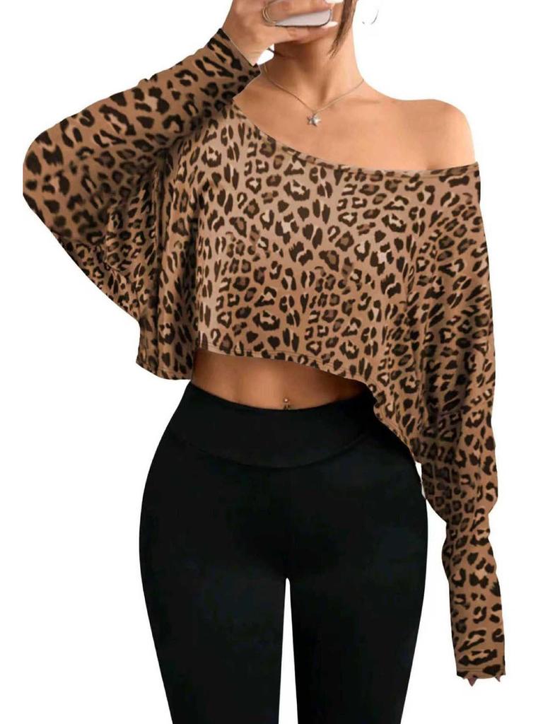 2026 Leopard Print Off-shoulder Cropped Long-Sleeve Top for Women