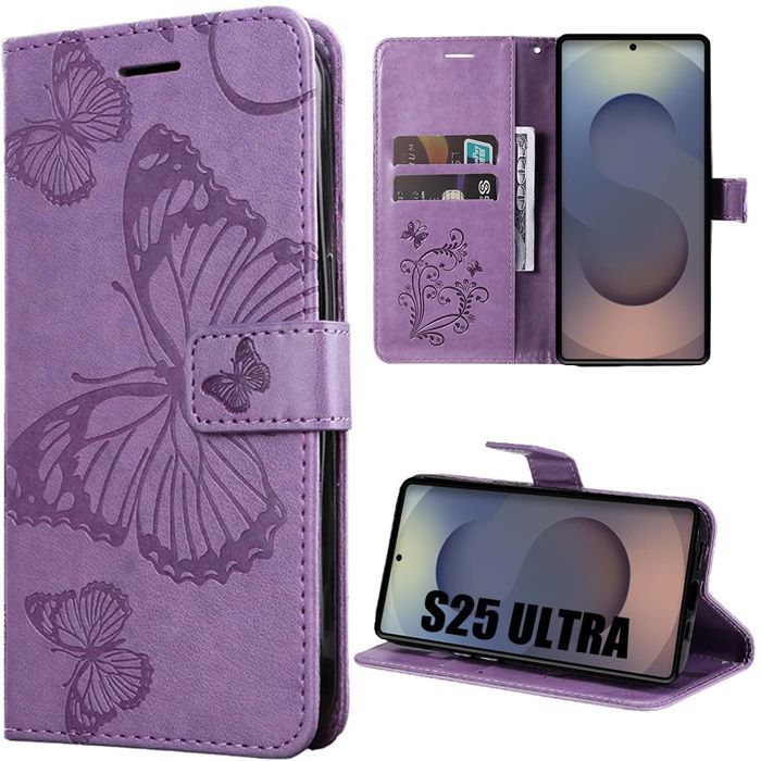 Protective Case - BOOLING - for Samsung Galaxy S25 Ultra - Purple Synthetic Leather - Butterfly Design - Shockproof