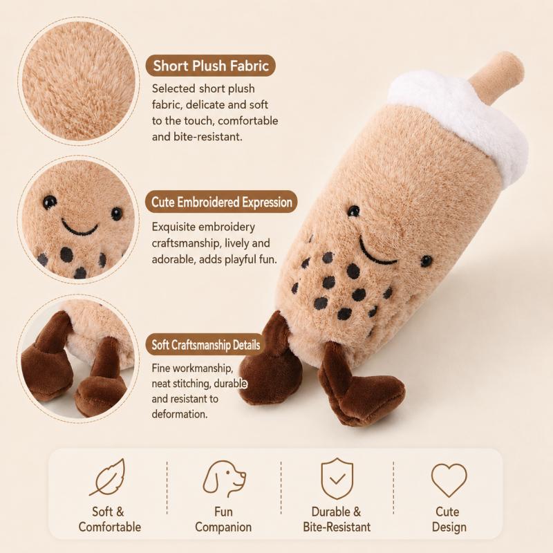 Peluche Giocattolo per Animali Domestici Forma Tazza Tè al Latte Morbido Peluche Corto Cane e Gatto Giocattolo da Masticare Compagno Imbottito Resistente al Morso Gioco Indoor Accessorio per Animali Domestici