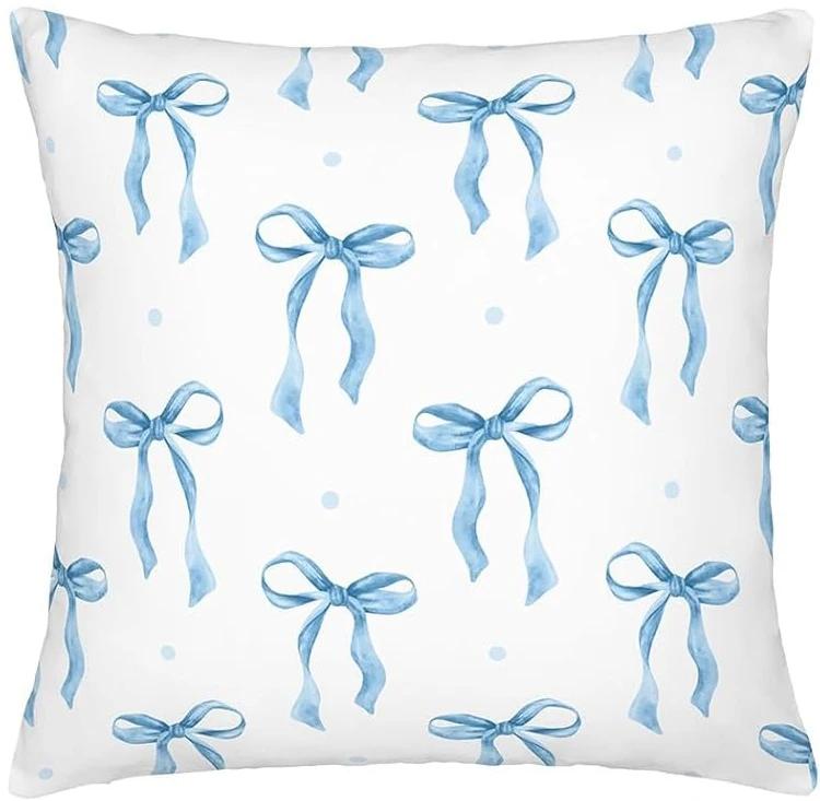 Blauw strik sierkussenhoes met korte pluche print voor woonkamersofa decoratie kussenhoes kussenhoezen decoratief 35x35cm