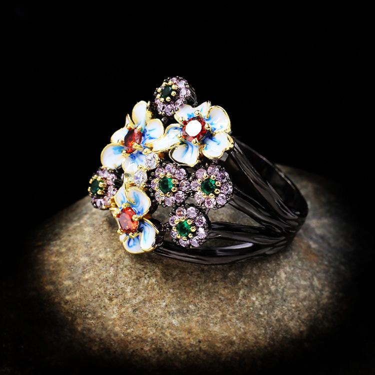 2026 Fashion Jewelry Color Zircon Black Gold Flower Three-piece Ring Necklace Earrings Women's Jewelry