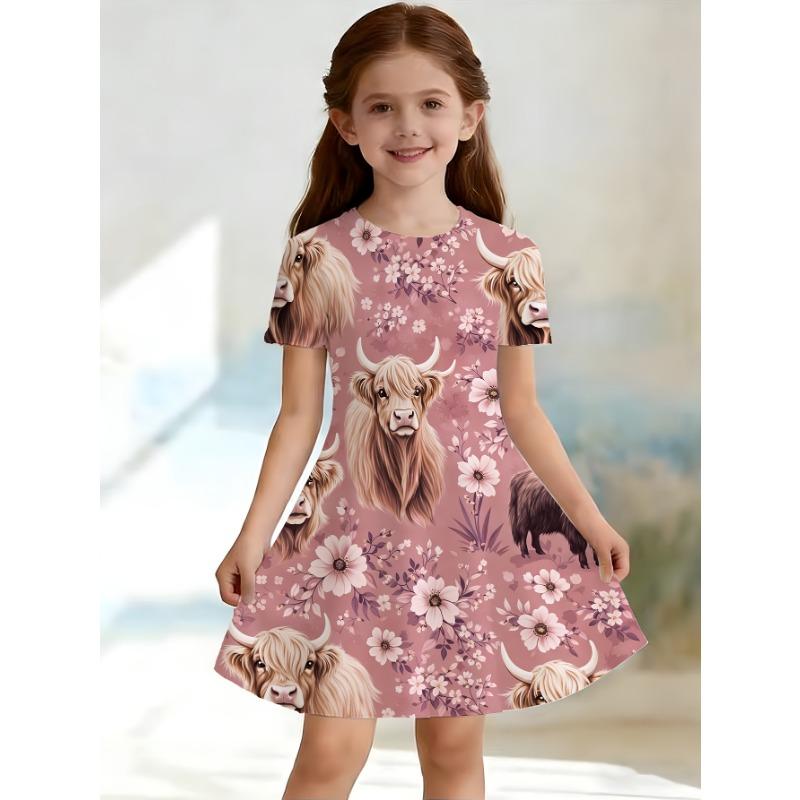 Adorable 3D Butterfly Print Dress for Girls with Vibrant Color Gradients, Glitter Accents, Short Sleeves,