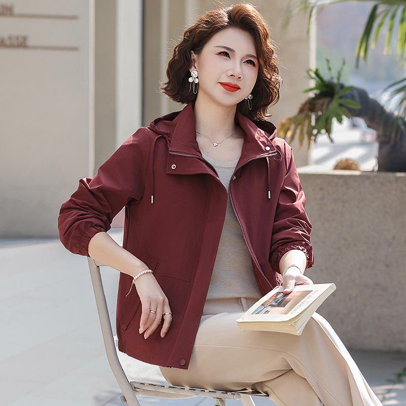 Women's Casual Windproof Windbreaker Jacket - Solid Color, Zipper Cardigan for Middle-Aged & Elderly