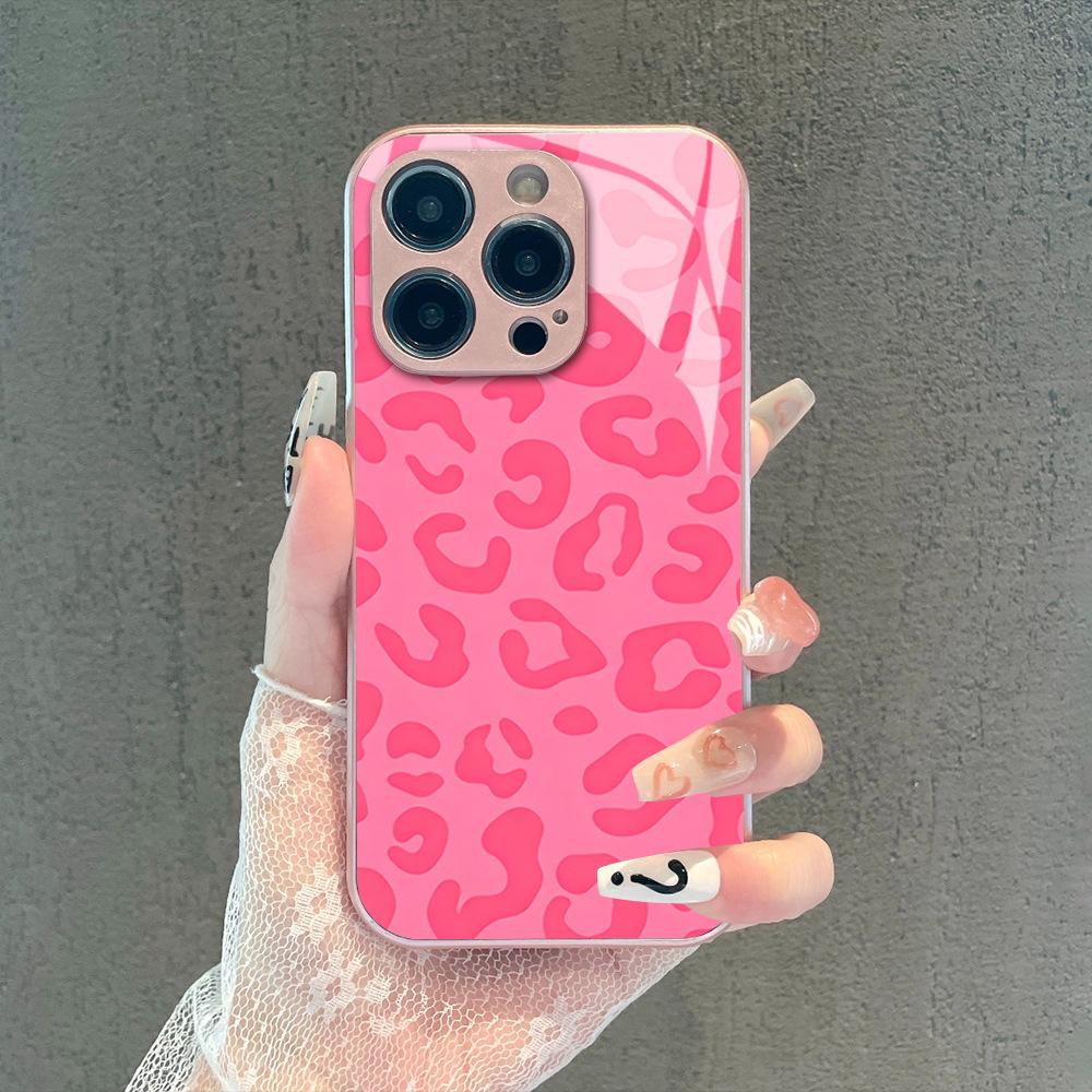 Foreign trade explosion pink leopard print mobile phone case Apple 15promax personalized creative glass protective case iPhone17