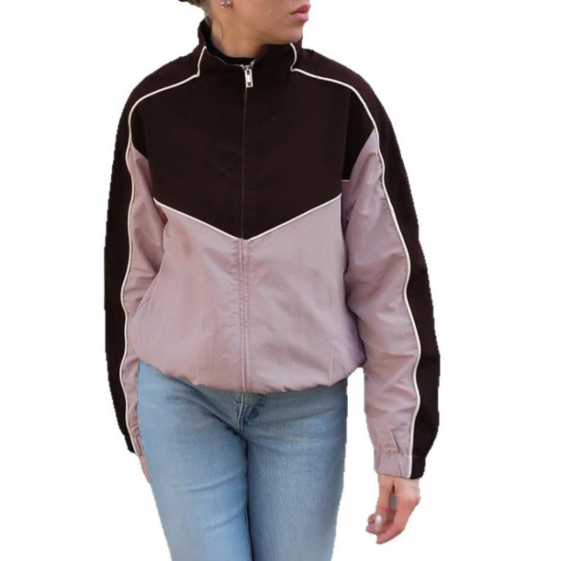 Womens Fall Thin Windproof High Neck Jacket Loose Fit Color Block Zip Bubble Sleeve Casual Coat