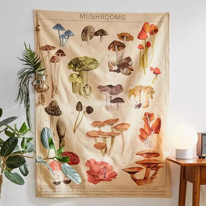 Vintage Mushroom Illustration Wall Tapestry Aesthetic Dorm Decor Bedroom Window Nook Room Decor Charming Wall Art