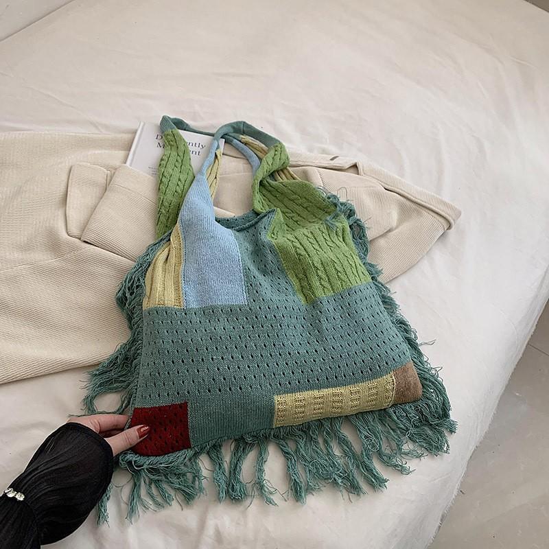 

Tassel Women s Stitching Knitted Shoulder Bag Trendy Retro All-match світло-зелений колір