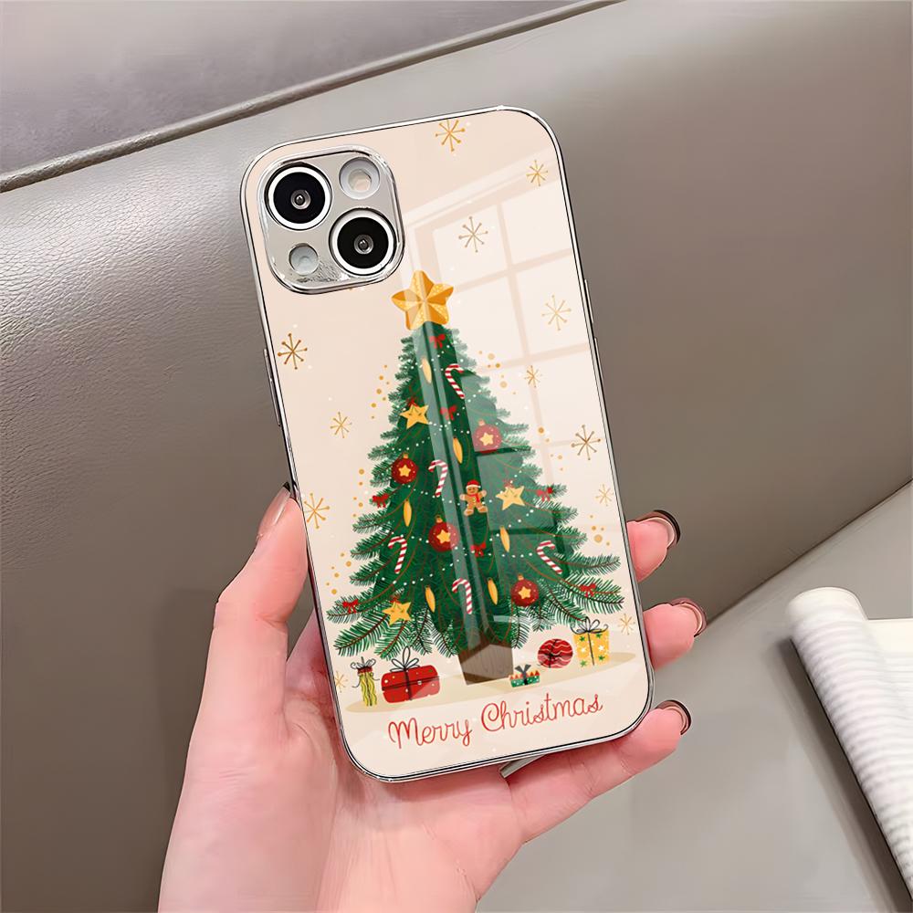 Чехол для телефона 'Рождественская елка' для IPhone 17 Pro Max 15 Pro 16 14 Plus 12 13 Mini 11 Pro Ударопрочный гальванизированный стеклянный чехол
