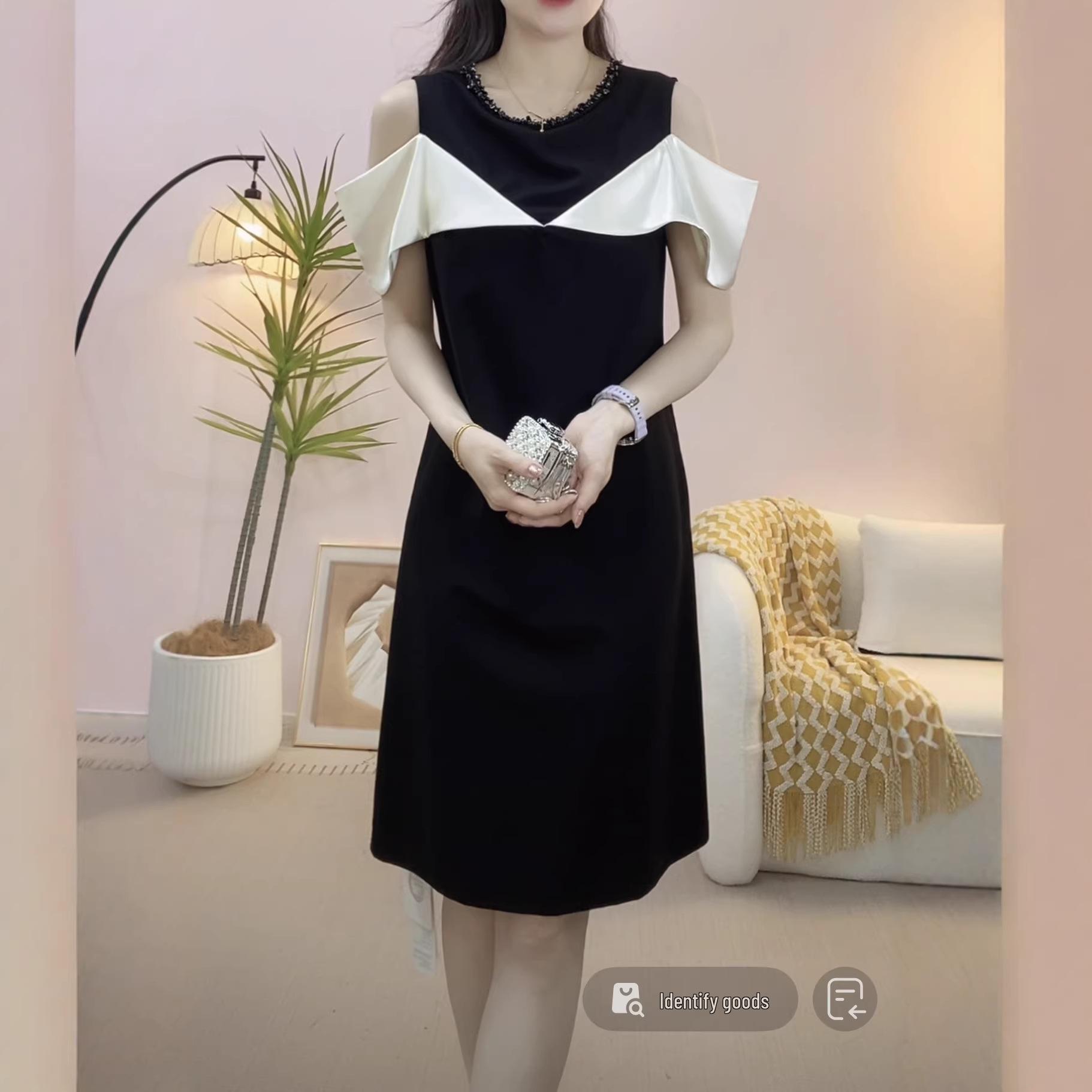 

2026 Summer Versatile Round Neck Patchwork Mid-Length Dress XL (59-64kg) чёрный