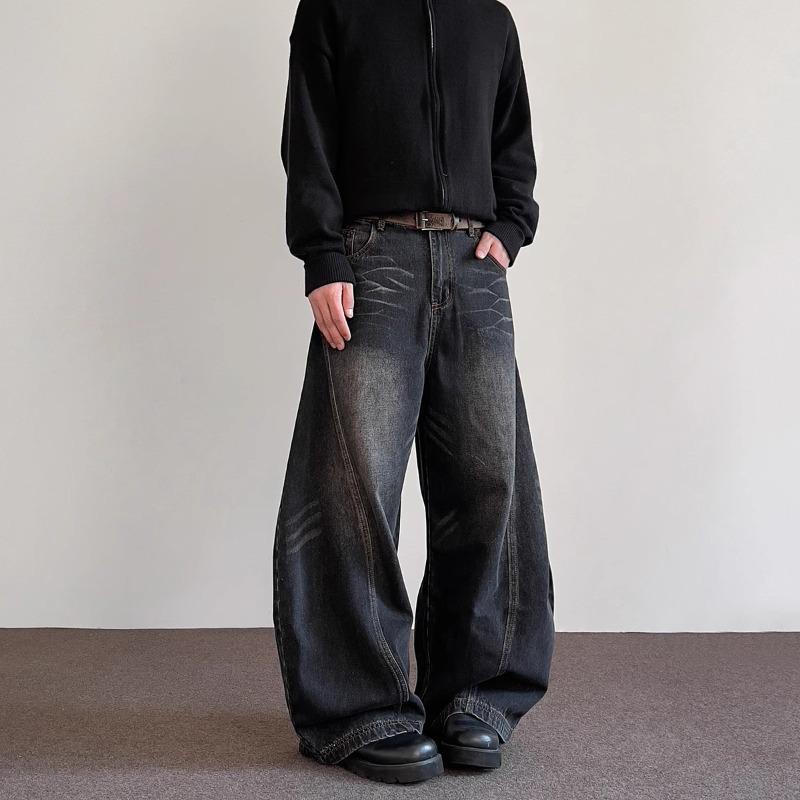 

Мужские джинсы-шаровары в американском ретро-стиле - Свободный крой в стиле хай-стрит, чистые прямые широкие брюки 3XL чёрный