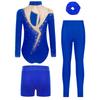 Ensemble de gymnastique et de danse pour filles Manches longues Dos avec découpe Strass Scintillants Justaucorps avec Short Leggings Bandeau pour Cheveux