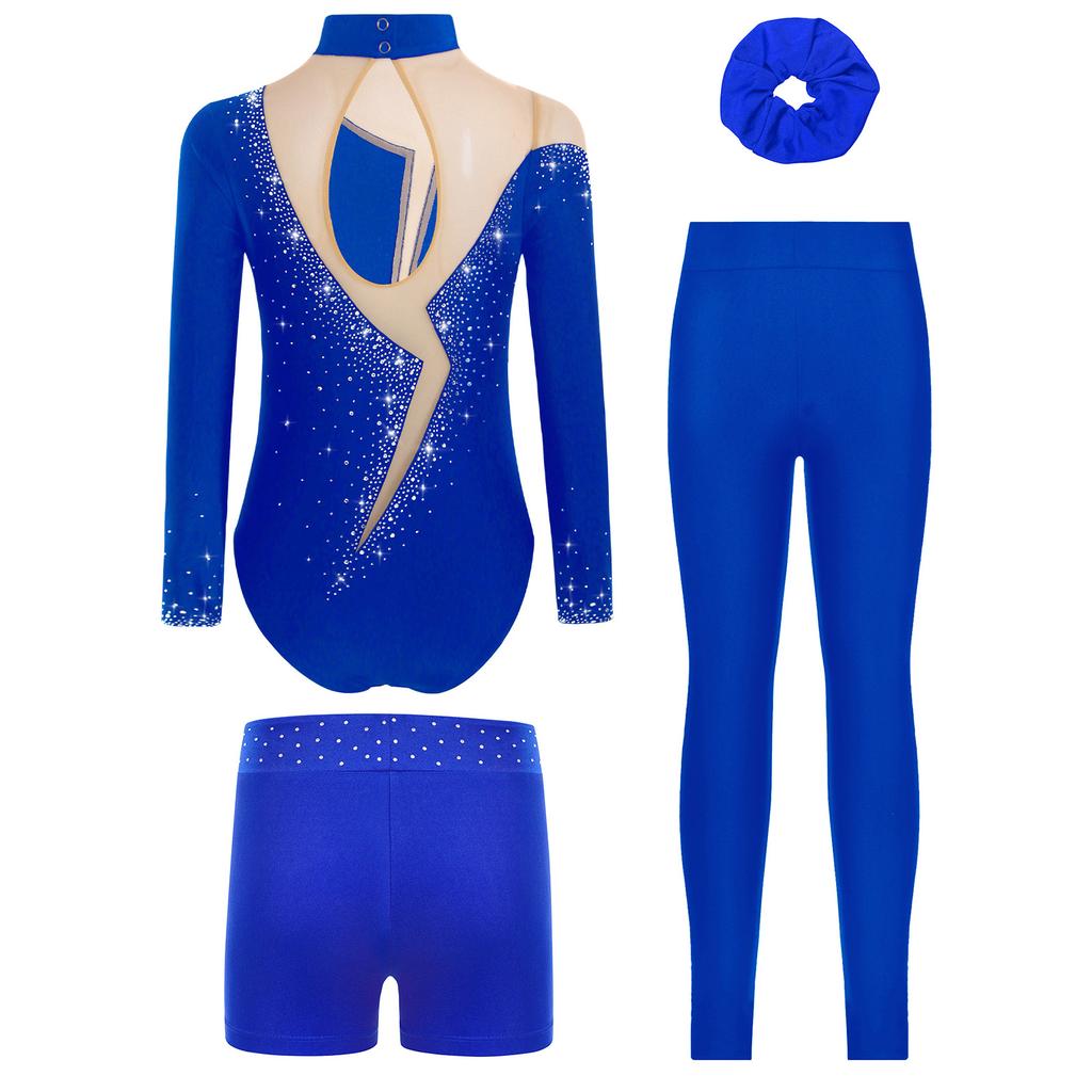 Ensemble de gymnastique et de danse pour filles Manches longues Dos avec découpe Strass Scintillants Justaucorps avec Short Leggings Bandeau pour Cheveux