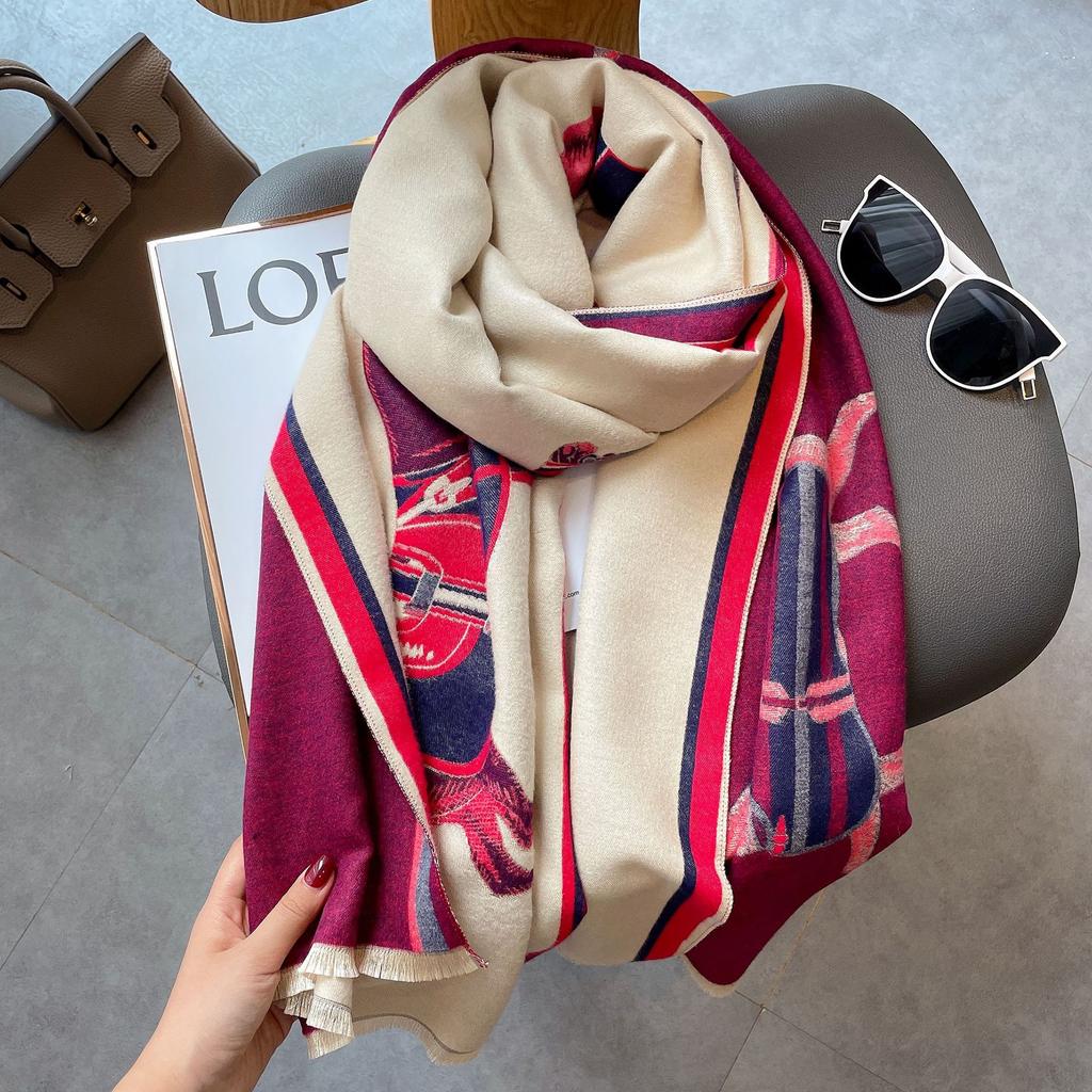 Warm Scarf Imitation Cashmere Women Thickened Decorative Shawl Retro Horse Fringed Blanket Silk Scarf Retro Style