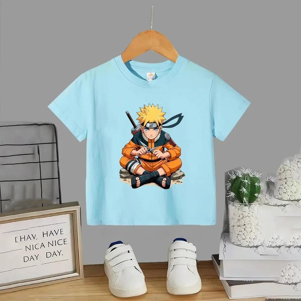 Maglietta 100% Cotone Naruto Uzumaki in Posa Seduta per Bambini, Maglietta a Maniche Corte Grafica Anime per Ragazzi e Ragazze, Top Bianco Casual con Disegno Animato per Bambini
