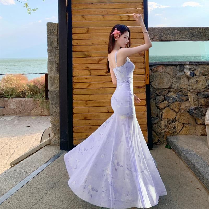 Foreign Style Lace Splicing Suspender Dress Women's Summer New Waist Age-reducing Printed Mesh Fishtail Dress