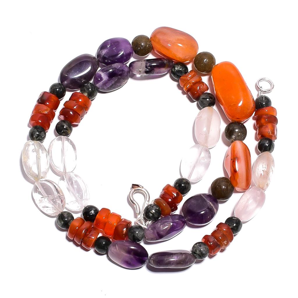 Natural Carnelian Amethyst Crystal Gemstone Smooth Beads Necklace 17" UB-4719 UB-4719