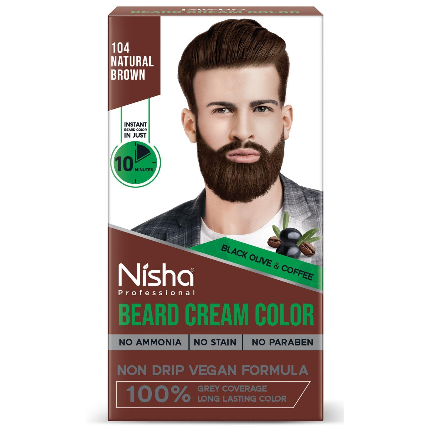 

Nisha Beard Colour For Men Natural Brown 100% Grey Coverage Non-Drip Vegan 60g + 60g Kit