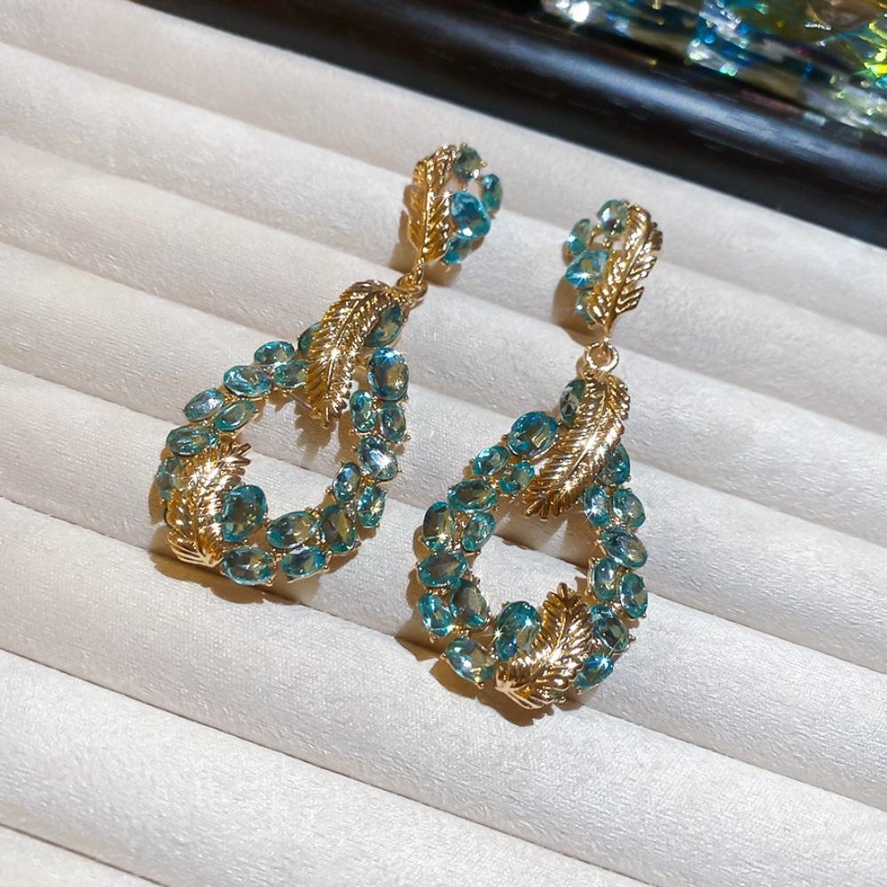 Rhinestones Feather Earrings Teardrop Shape Teardrop Earrings Rhinestones Earrings  Party Wear синий