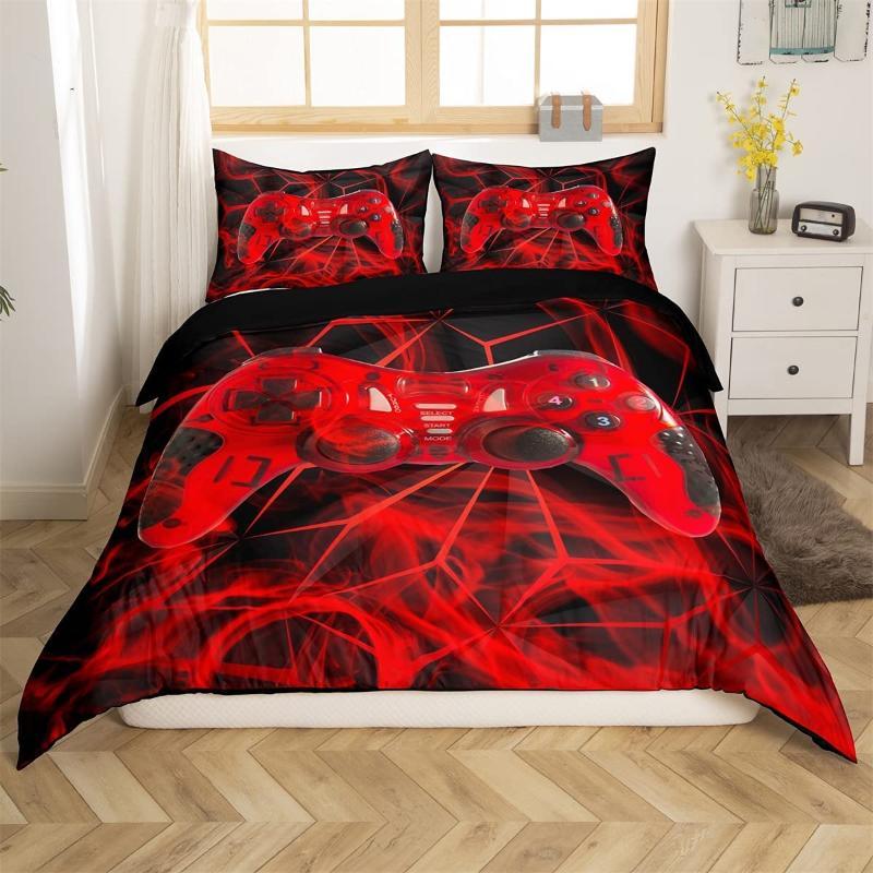 Gaming Duvet Cover Set King Red Honeycomb Printed Bedding Set Polyester Game Red And Black Novelty Gamepad Joysticks Quilt Cover