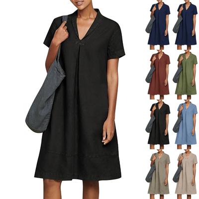 Women's Summer Casual Midi Short Sleeve Dresses Solid Color V-Neck Beach Vacation Dresses