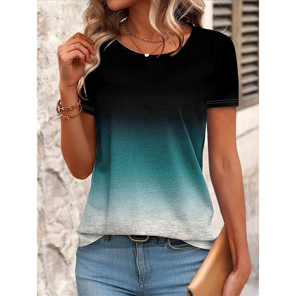 Women's Fashion Short-Sleeve T-Shirt Casual Comfortable Sunset Print Tops Elegant Womens Round Neck Top Everyday Versatile Tees