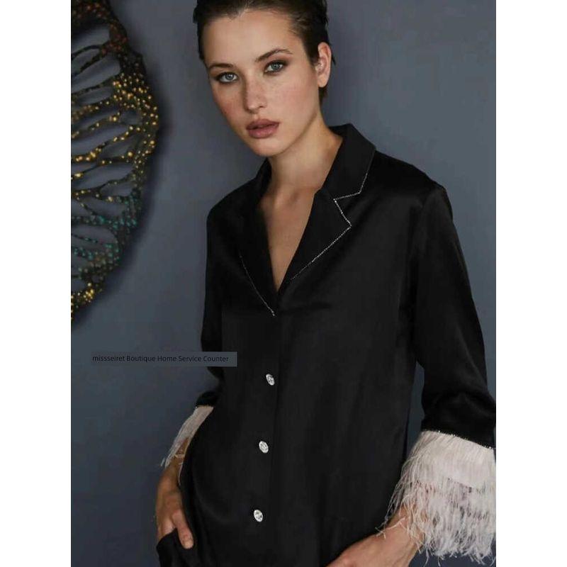 Dutch Original Order ~ Diamond Buckle Black Feather Nightdress Women's Detachable Long Sleeves Pants Single-Breasted Suit Homewear