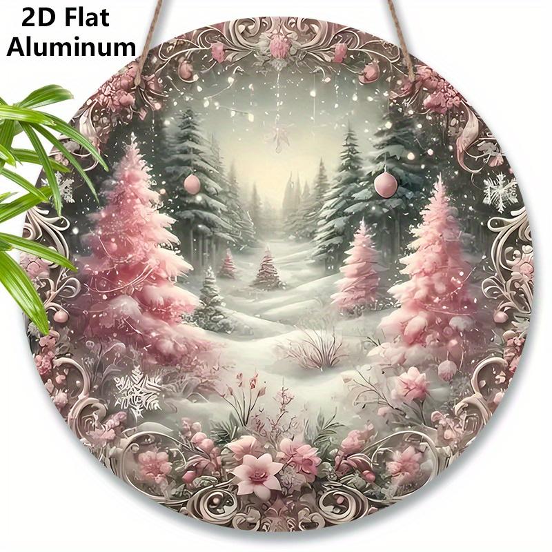 

2D Flat Aluminium Pink Christmas Sign with Christmas Trees Pattern - Romantic Figurine Ornaments - Ideal for Front Door, Wall, Porch, Window Decor 7.87×7.87inch