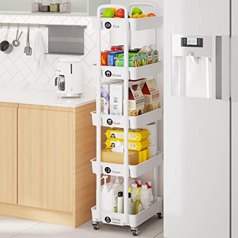 5-Tier Rolling Cart with Wheels Multifunction Utility Storage Carts Kitchen Storage Organizer Mobile Shelving Unit for Bathroom