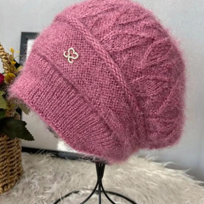 Women's Fuzzy Knit Winter Beanie Hat with Rhinestone Pin, Fold-Over Brim Warm Cap
