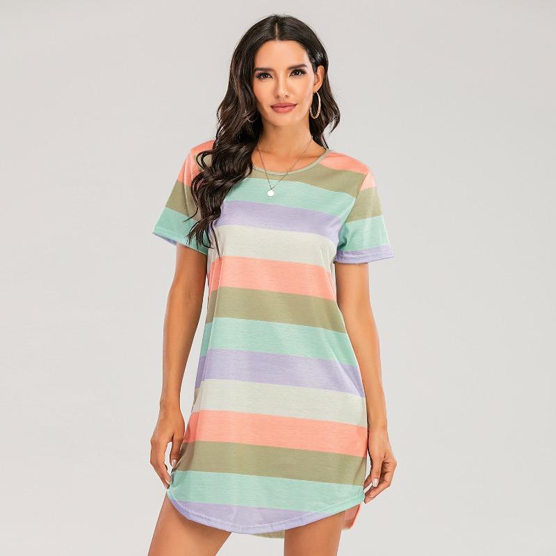Plus Size Women's Summer Short Sleeved Rainbow Striped Loose Pajama Dress