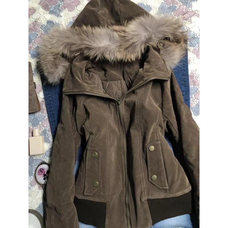 Winter American Vintage Fashion Harajuku Hooded Jacket Women Slim Brown Fur Collar Short Coat Casual Streetwear Chic Outerwear
