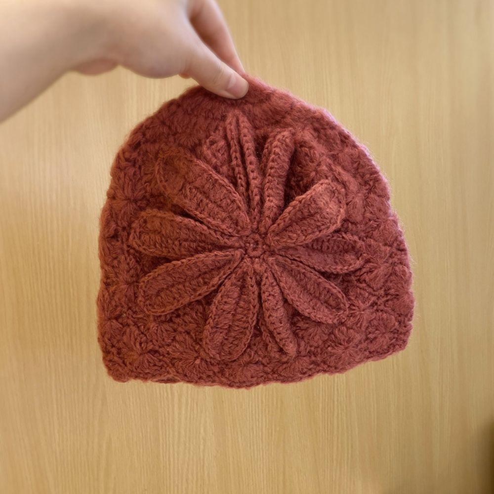 Flower Decorated Knitted Cap Warm Women's Beanie Retro Woolen Cap Outdoor