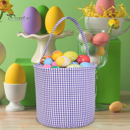 Gingham Easter Bucket for Kids Nursery Storage Bag New Baby Gift Basket with Handle for Easter Egg Hunts Parties