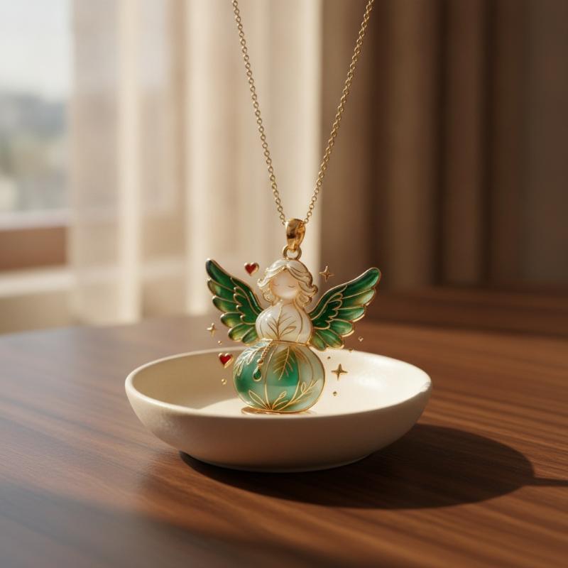 Ethnic Imitation Jade Gourd Pendant with Angel Wings Charm Blessing Jewelry for Christmas Gift for Family