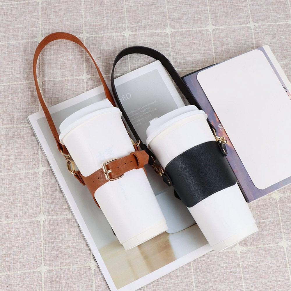 Creative PU Leather Cup Holder Lanyard Portable Travel Water Cup Carrier Strap Hand-held Heat-insulated Milk Tea Cup Sleeve