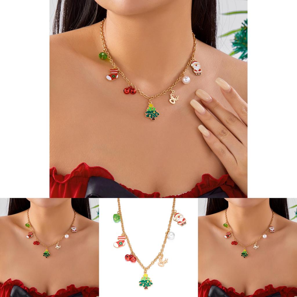 Santa Claus Charm Necklace With Pearl Chain And Festive Elements For Seasonal Gift