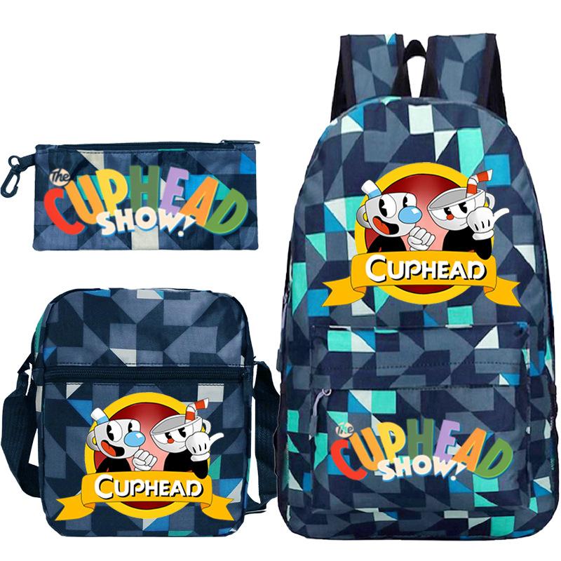 Cartoon Teacup Head Cuphead Student School Bag Backpack Three-piece Set Children's Shoulder Bag Pencil Bag