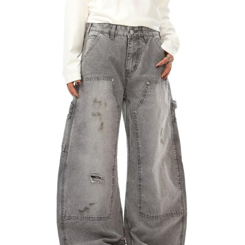 Mens Vintage Washed Grey Splatter Paint Wide Leg Denim Pants Loose Fit Straight Cut Low Rise